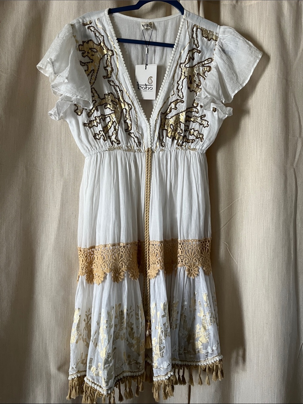 Boho-Inspired White Dress with Gold Embroidery for women’s